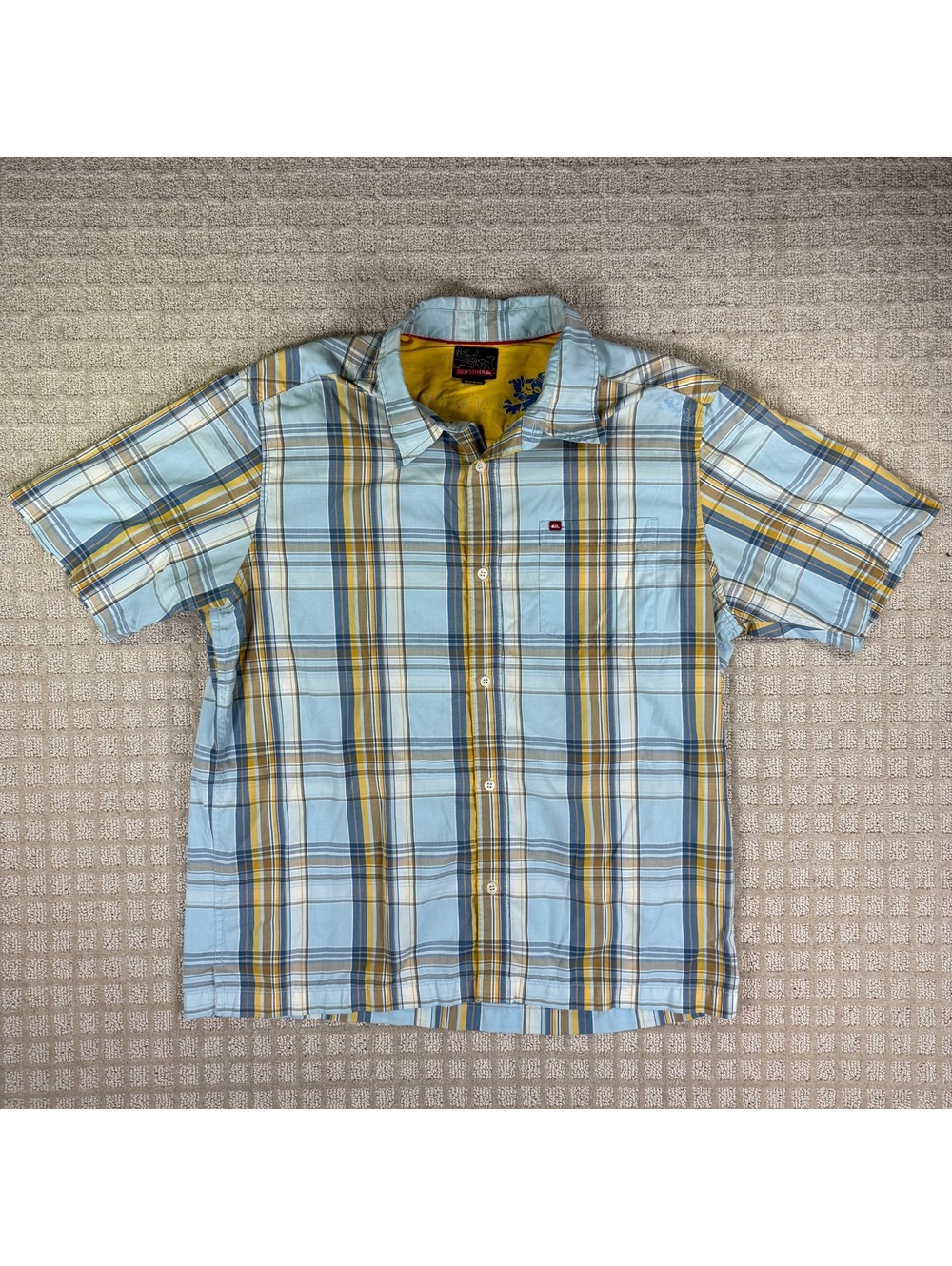 Quiksilver Blue Yellow Plaid Short Sleeve Button Up Shirt L